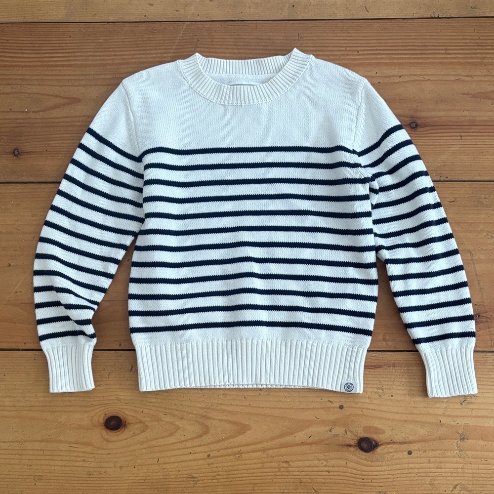 Long Wharf Supply Co.  White & Navy Striped Crewneck Sweater SMALL